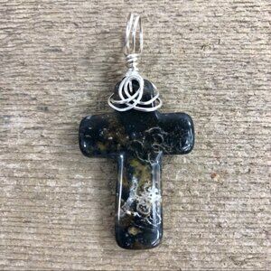 Onyx w/ Fossil Inclusion Silver Wrapped Necklace Pendant